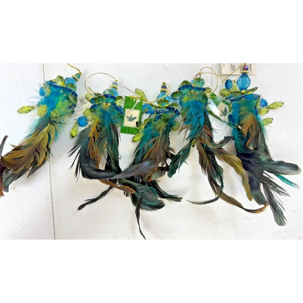 Green Feather Decorative Birds with Green & Blue Tinsel Tails (6)